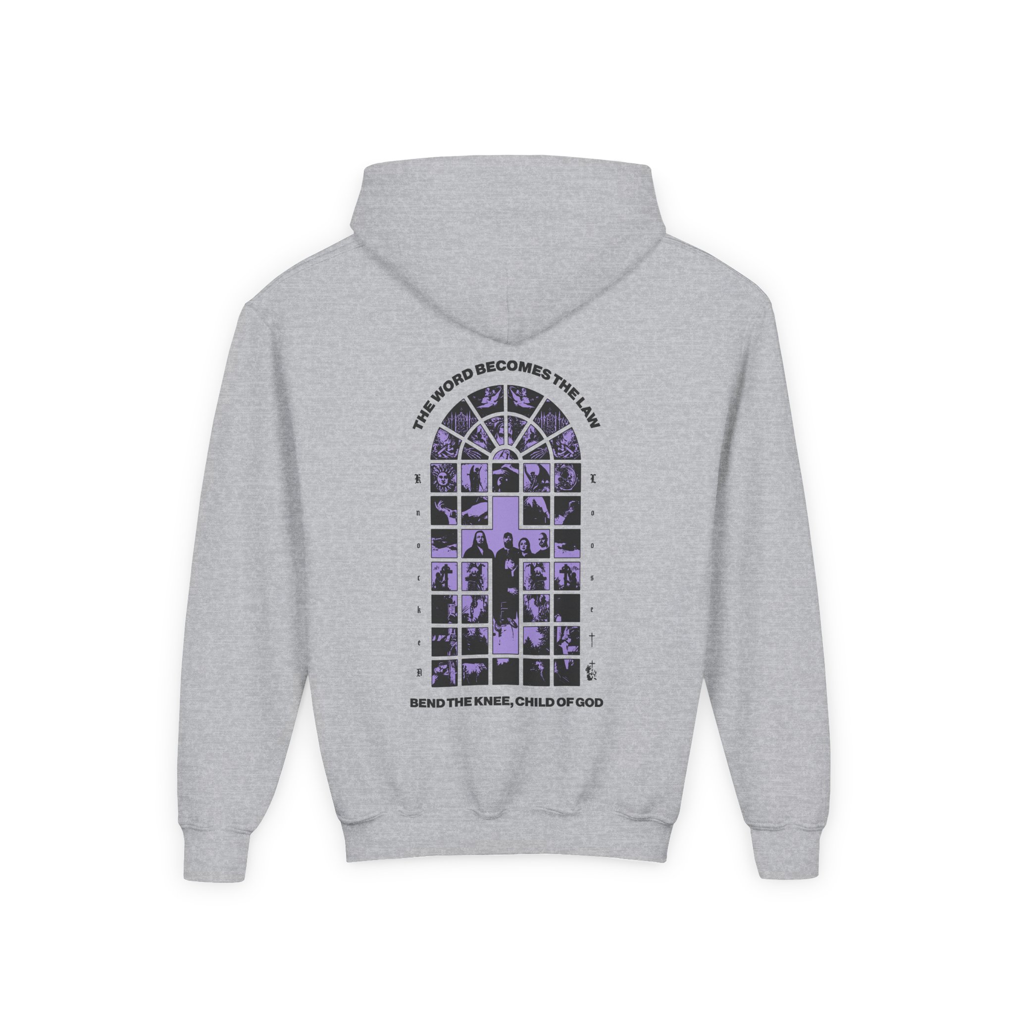 Knocked Loose Purple Cross Youth Heavy Blend Hooded Sweatshirt - Image 4