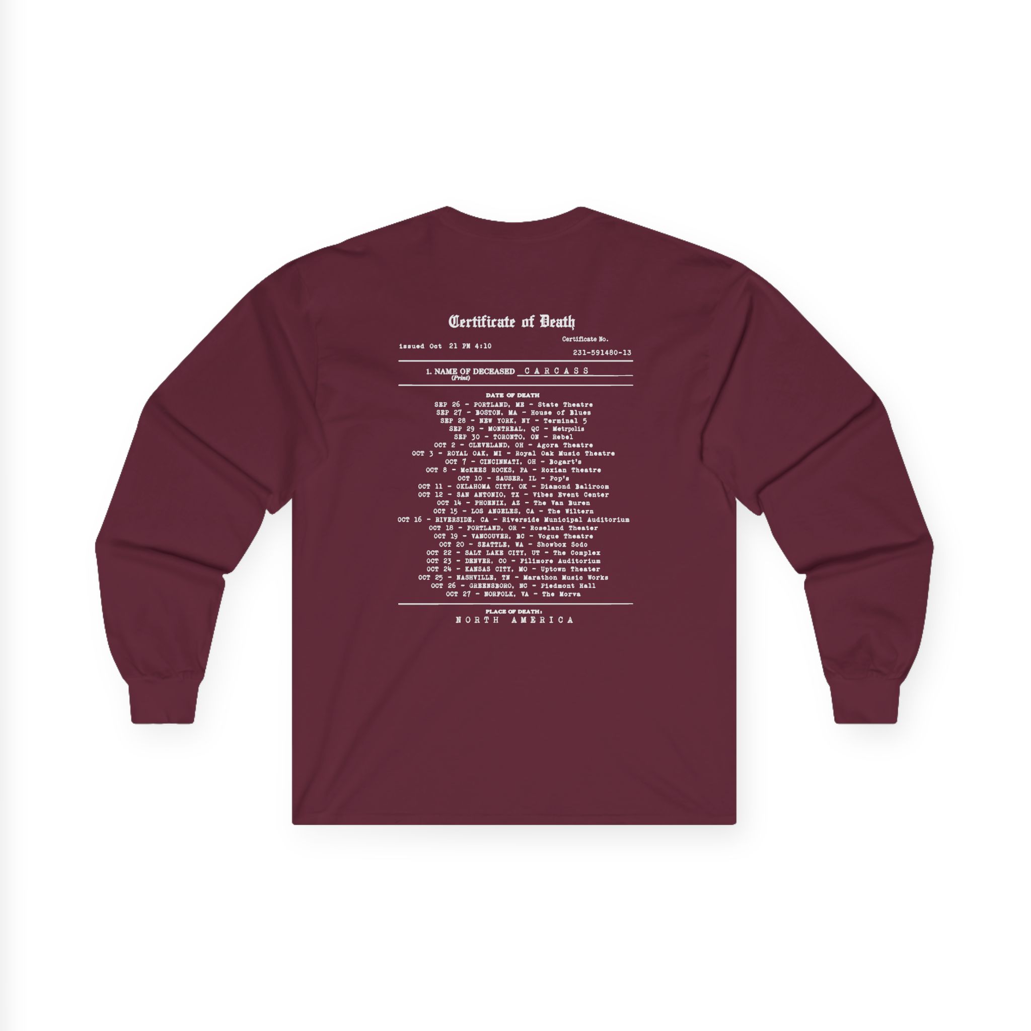 Carcass Certificate of Death Unisex Ultra Cotton Long Sleeve Tee - Image 4
