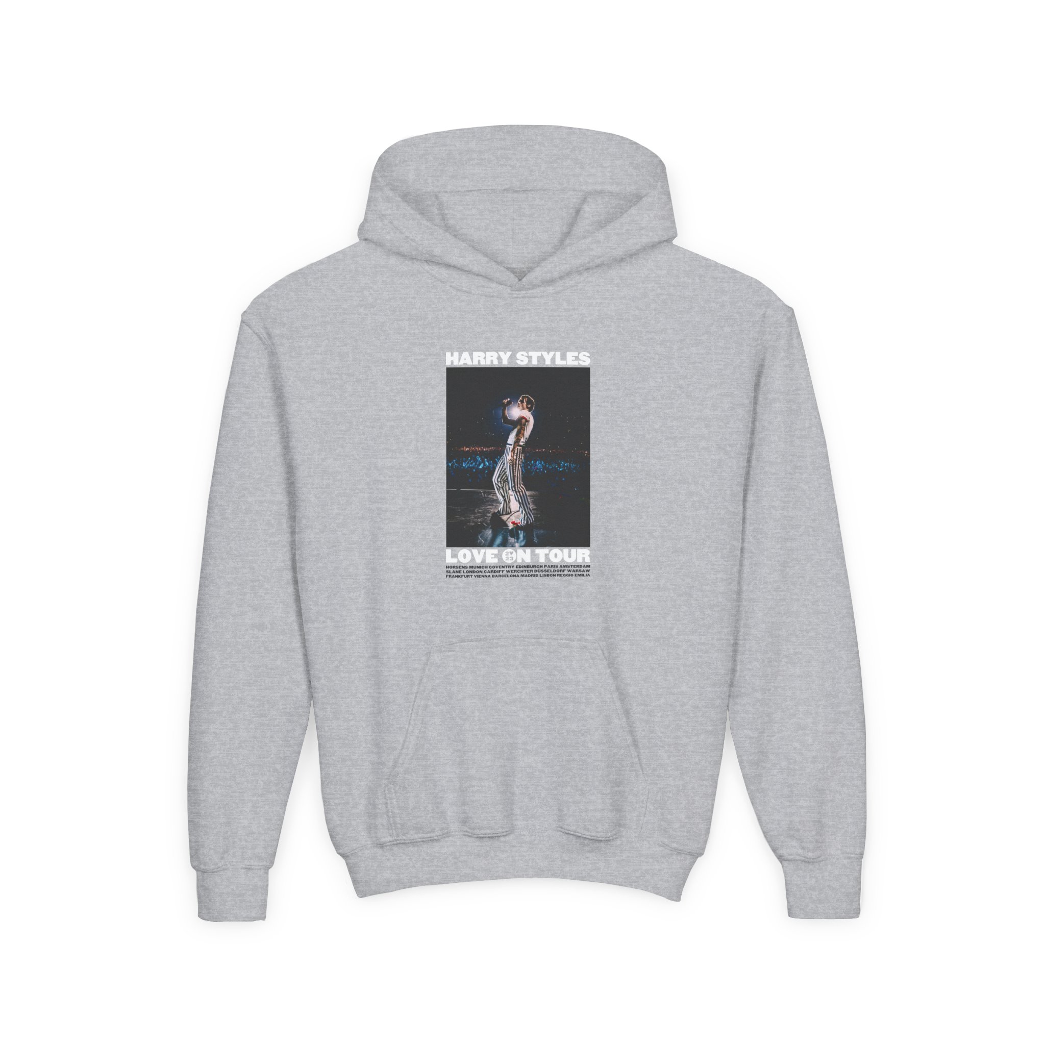 Love on Tour Gray Photo Youth Heavy Blend Hooded Sweatshirt
