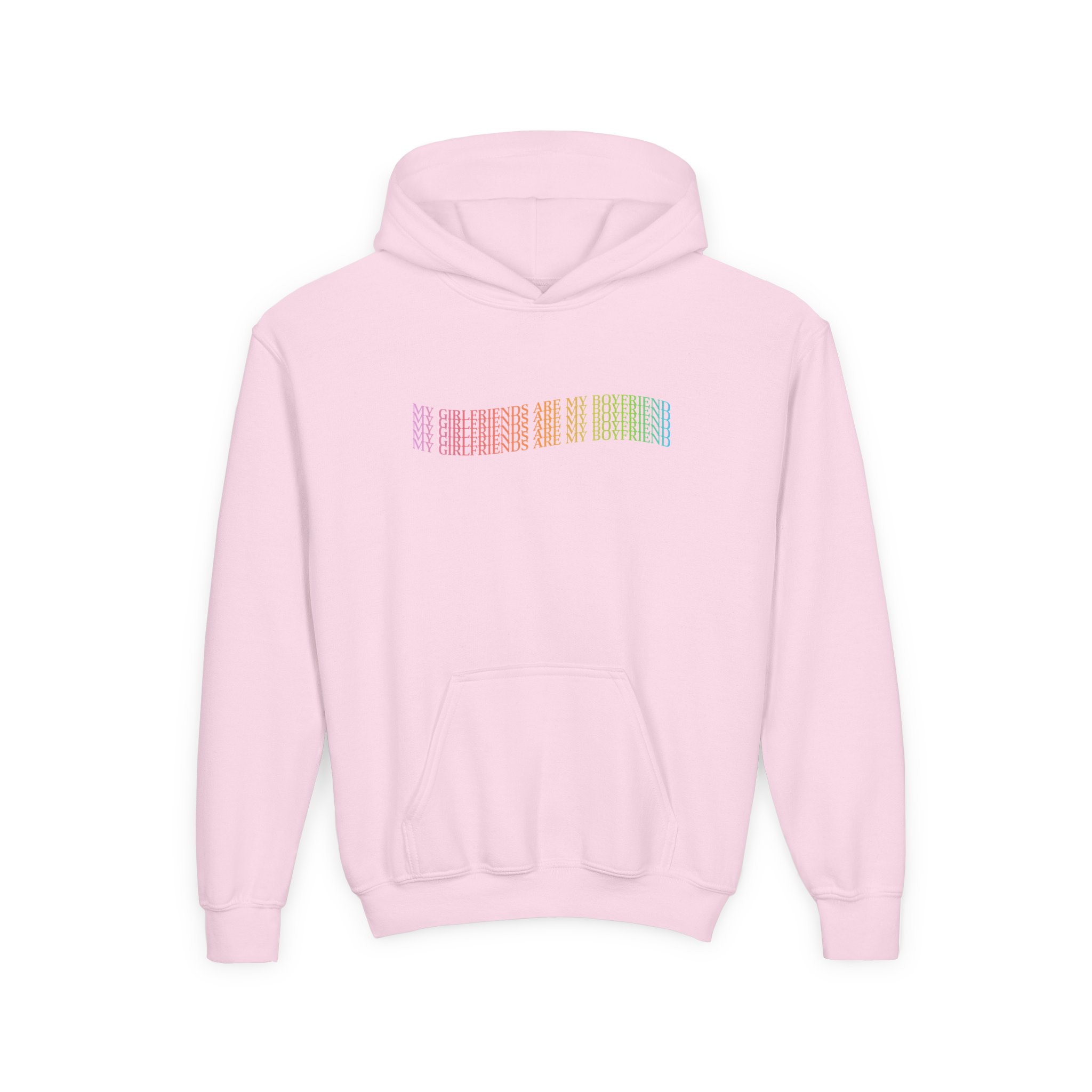 D L My Girlfriends Are My Boyfriend Pride Youth Heavy Blend Hooded Sweatshirt - Image 3