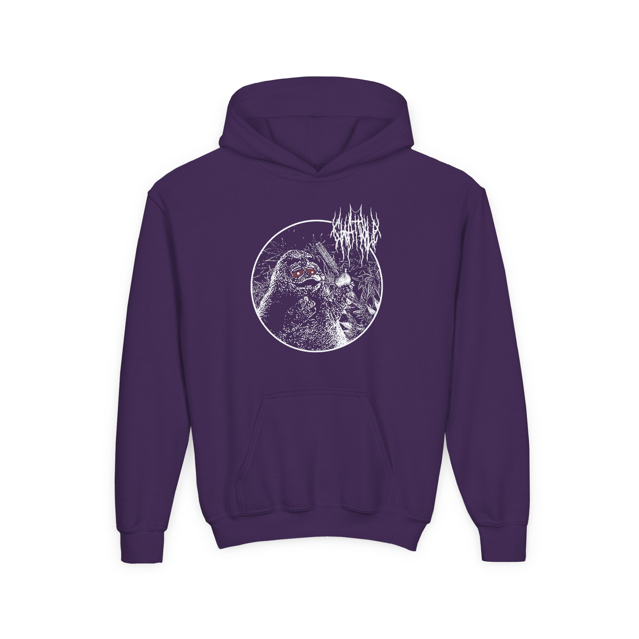 Chat Pile Grim Guy Smoking Weed Youth Heavy Blend Hooded Sweatshirt - Image 9