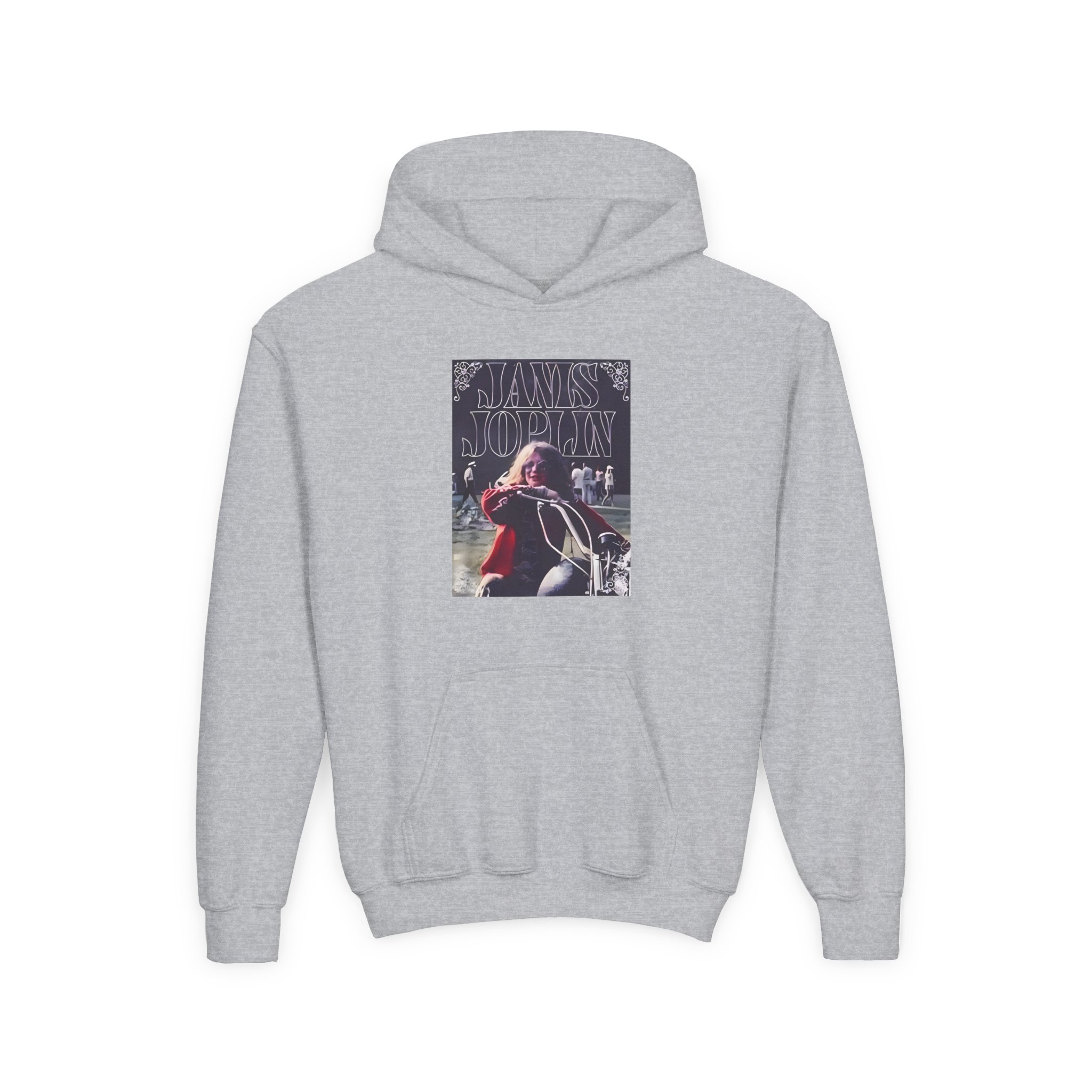 Janis Joplin Greatest Hits Motorcycle Cover Youth Heavy Blend Hooded Sweatshirt - Image 3