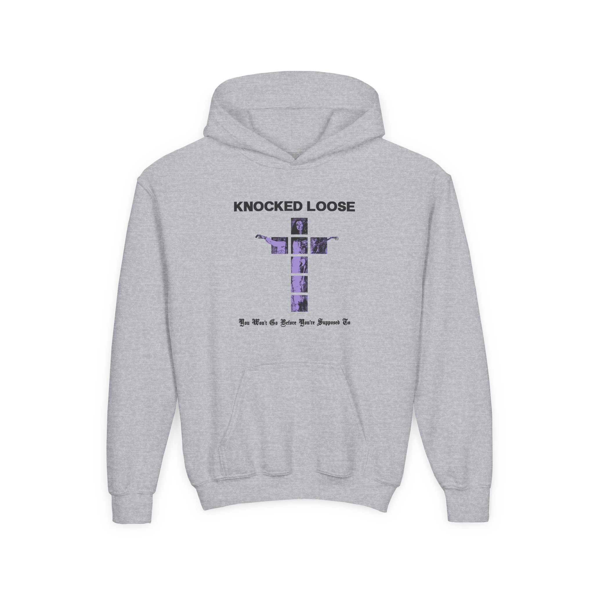 Knocked Loose Purple Cross Youth Heavy Blend Hooded Sweatshirt - Image 3