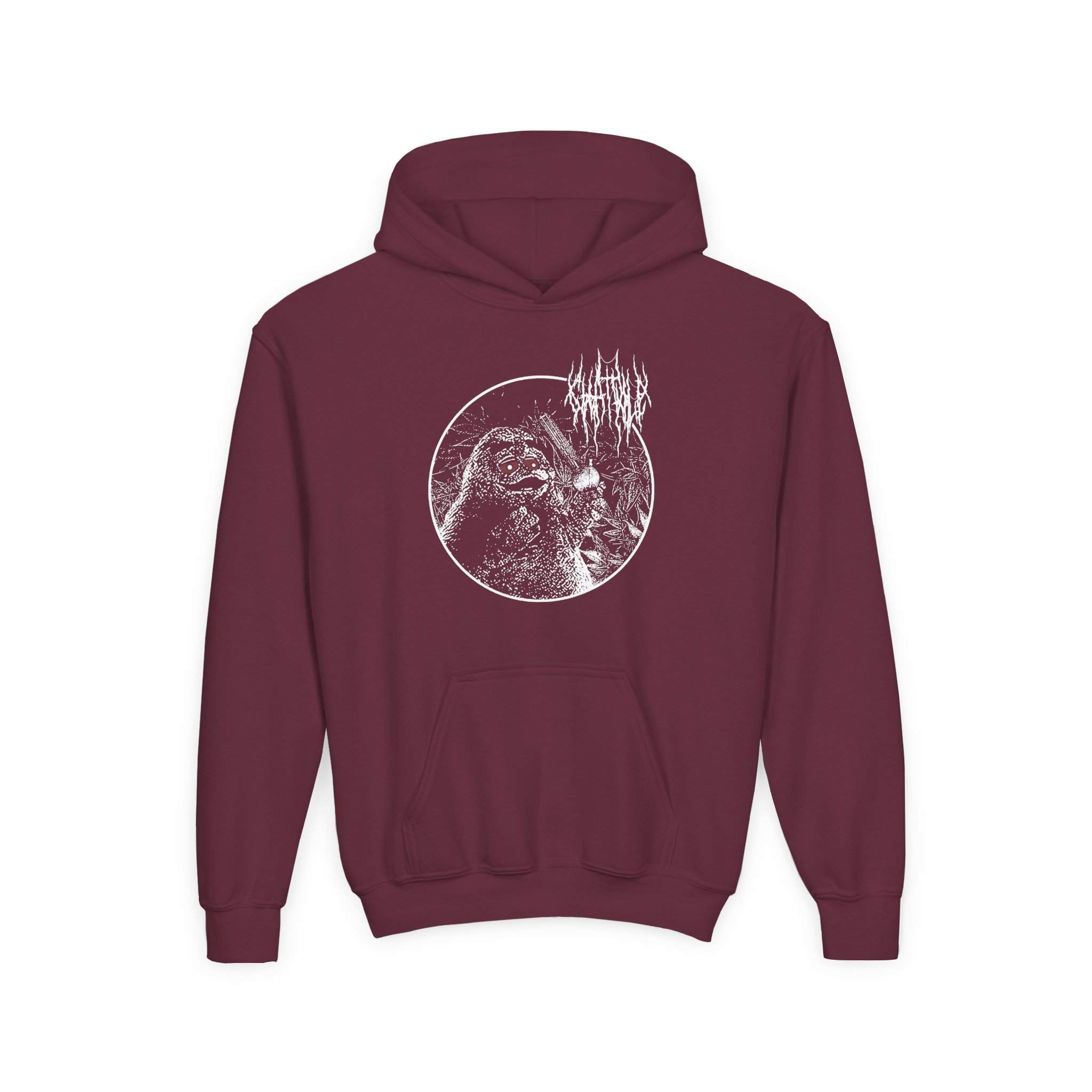 Chat Pile Grim Guy Smoking Weed Youth Heavy Blend Hooded Sweatshirt - Image 3