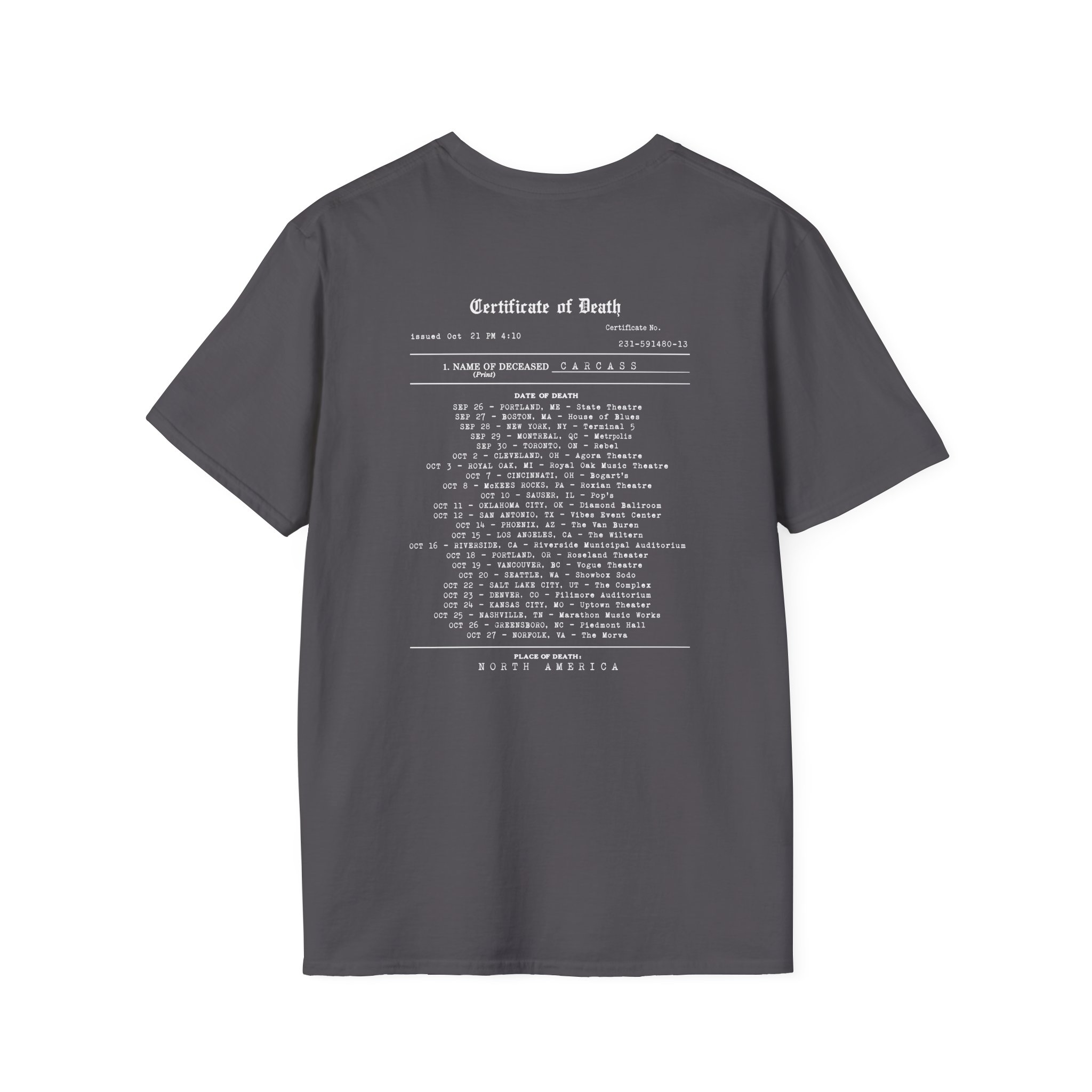 Carcass Certificate of Death Unisex Softstyle T-Shirt - Image 10
